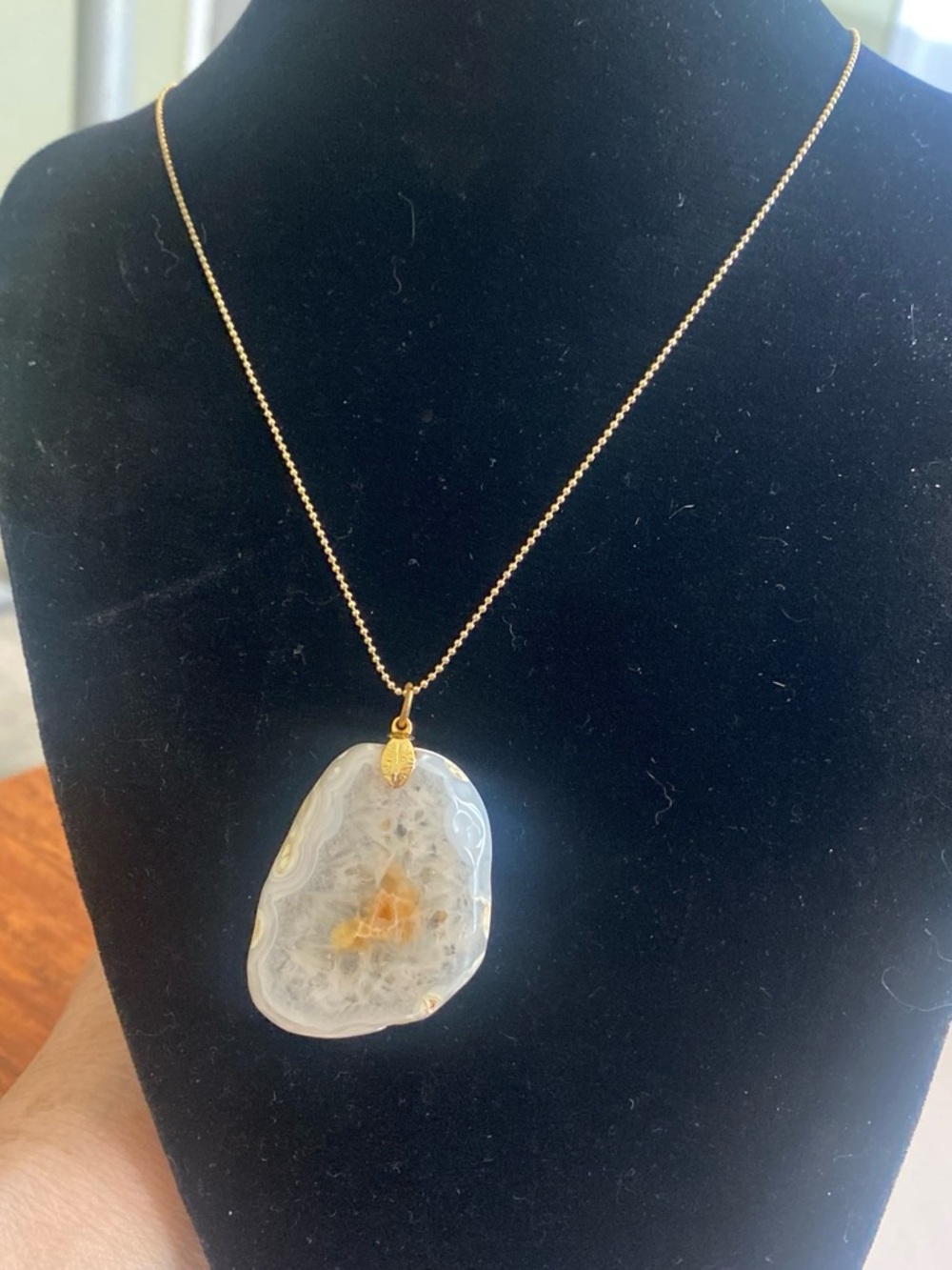 Gold tone Chain Necklace with White and Cream Agate Pendant